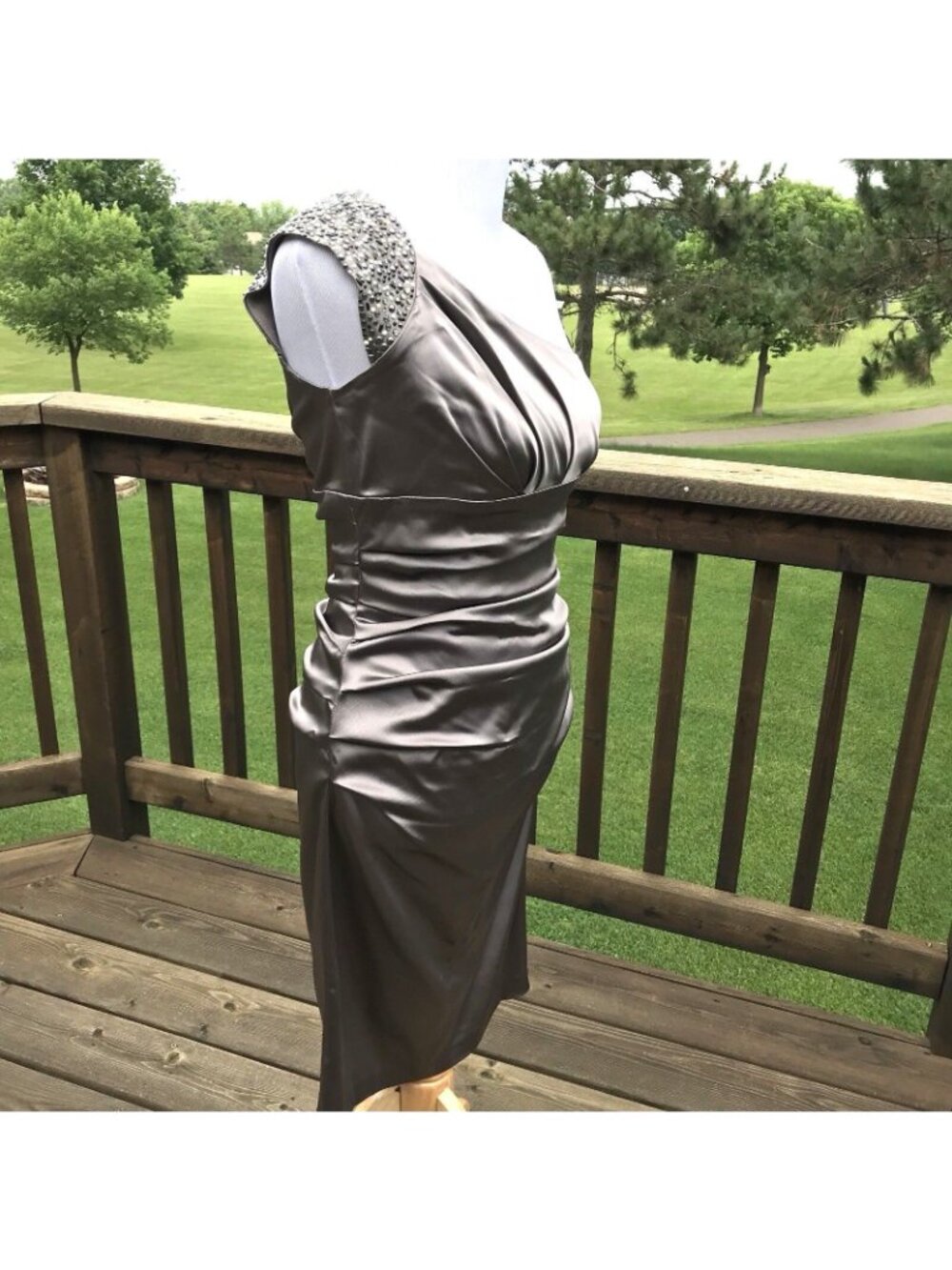 Suzi Chin Maggy One Shoulder Sheath Formal Dress Size 2 Taupe Ruched Embellished - Picture 5 of 12